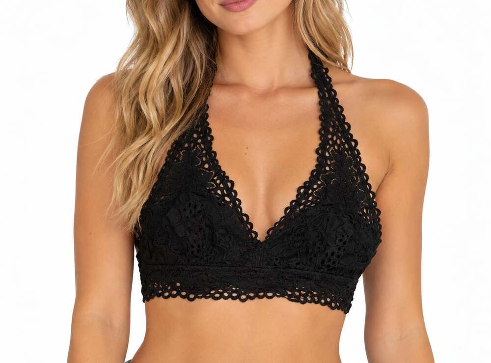Aerie Black Lace Halter Bralette Scalloped Crochet V-Neck Top